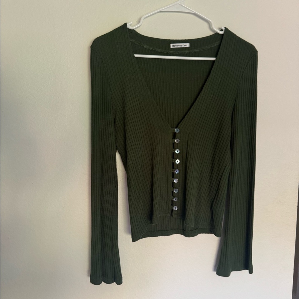 Reformation Deep V-Neck Ribbed Blouse in Olive